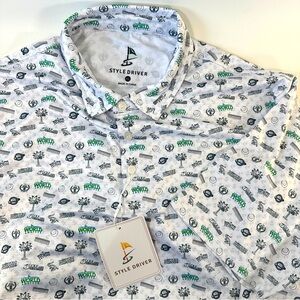 NWT Style Driver‎ Golf Polo Mens XL World Amateur Allover Print Performance